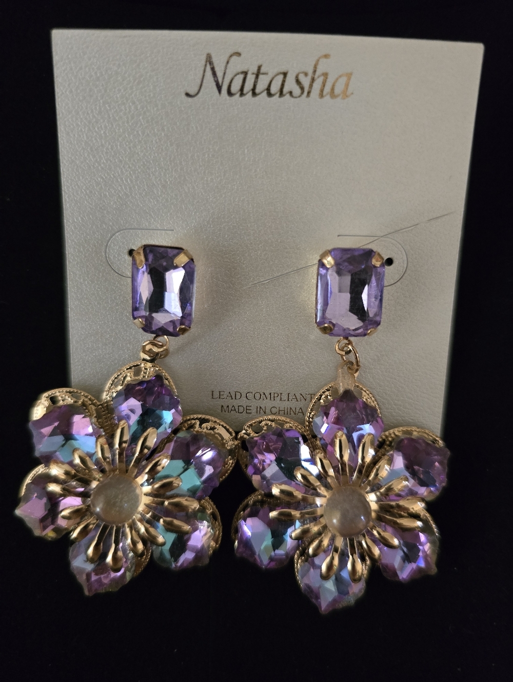 Natasha Couture Gold-Tone Earrings with Purple Crystal Flower Drops